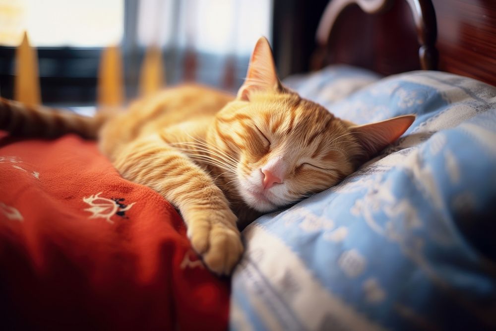 A cat sleeping furniture blanket mammal. AI generated Image by rawpixel.