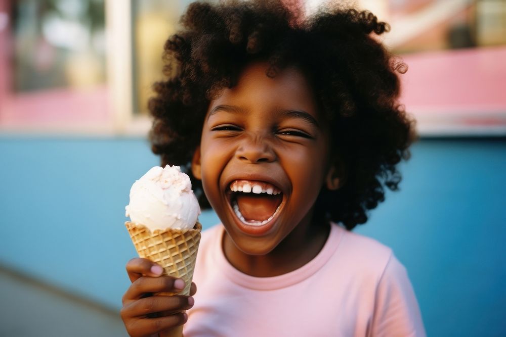 A black girl eating ice-cream laughing dessert child. AI generated Image by rawpixel.
