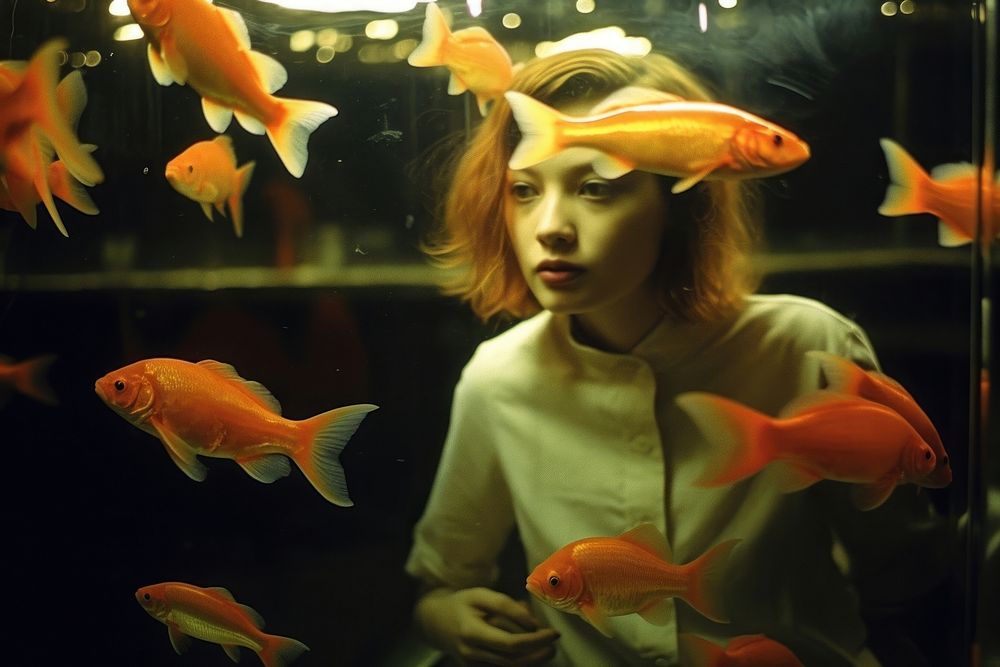 A woman behind the fish tank goldfish animal adult. 