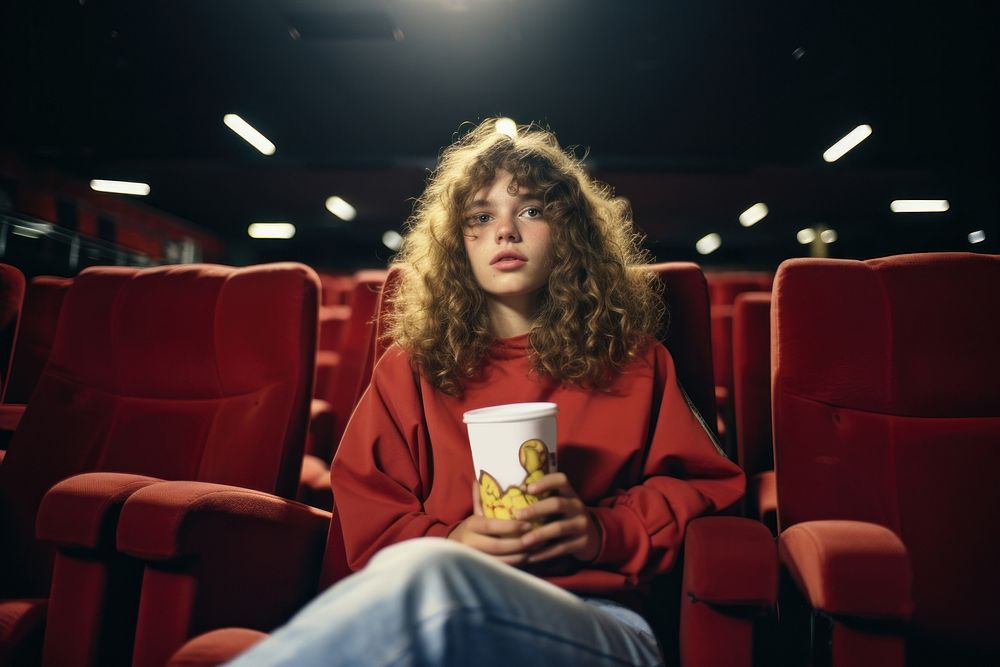 A teenage in a cinema red refreshment relaxation. AI generated Image by rawpixel.