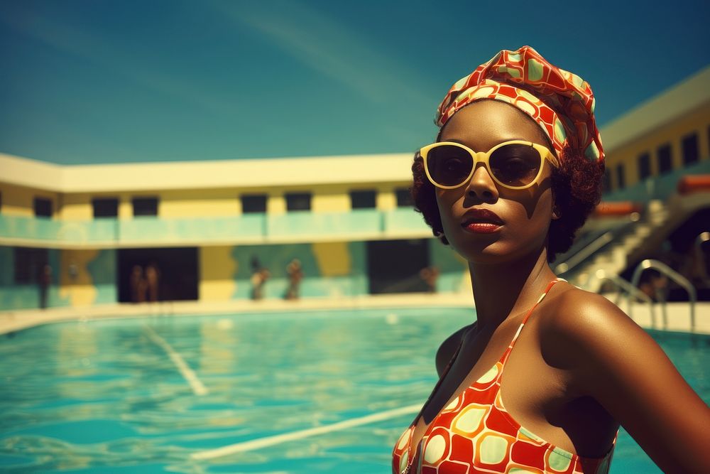 An african woman wearing swimming suit architecture photography sunglasses. 