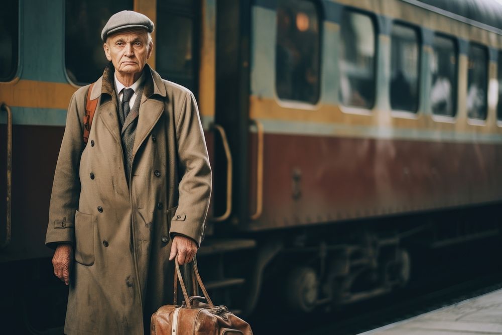 An elder standing waiting for the train overcoat vehicle luggage. AI generated Image by rawpixel.
