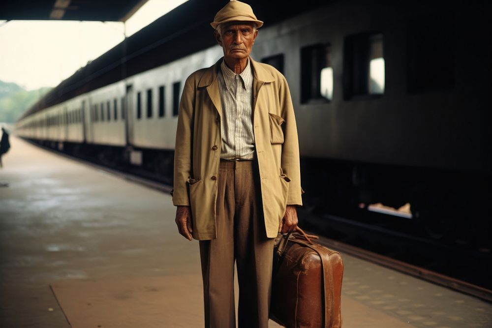 An elder standing waiting for the train overcoat luggage adult. AI generated Image by rawpixel.