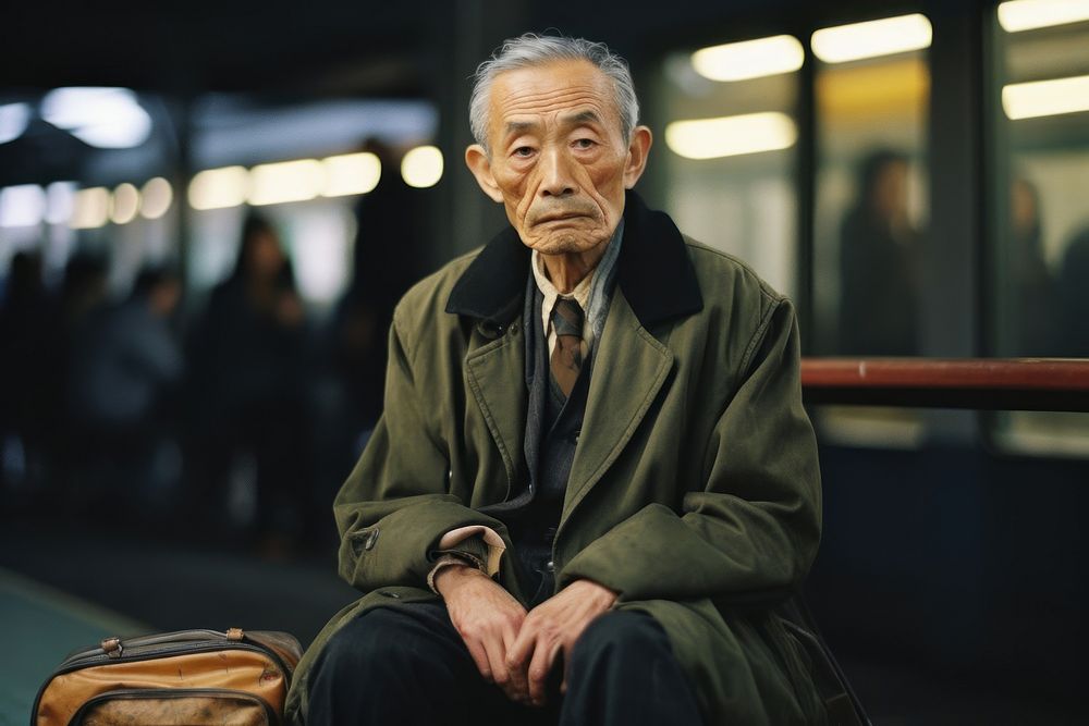 An elder waiting for the train photography portrait sitting. AI generated Image by rawpixel.