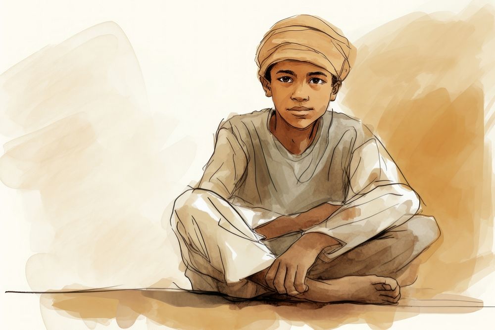 Egyptian muslim boy sketch art portrait. AI generated Image by rawpixel.