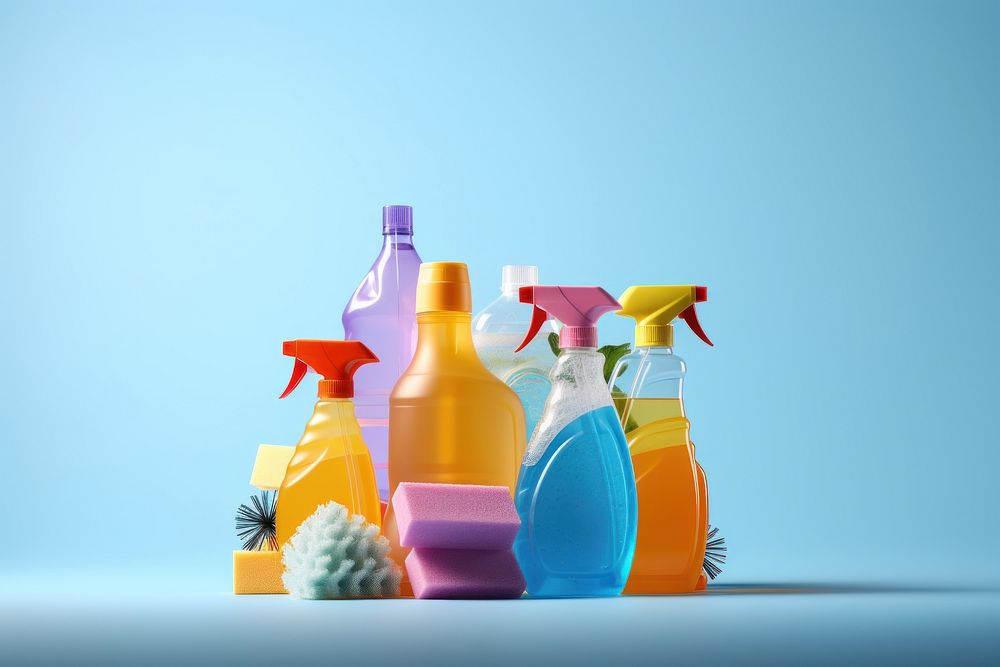 Cleaning supplies plastic bottle copy space. AI generated Image by rawpixel.