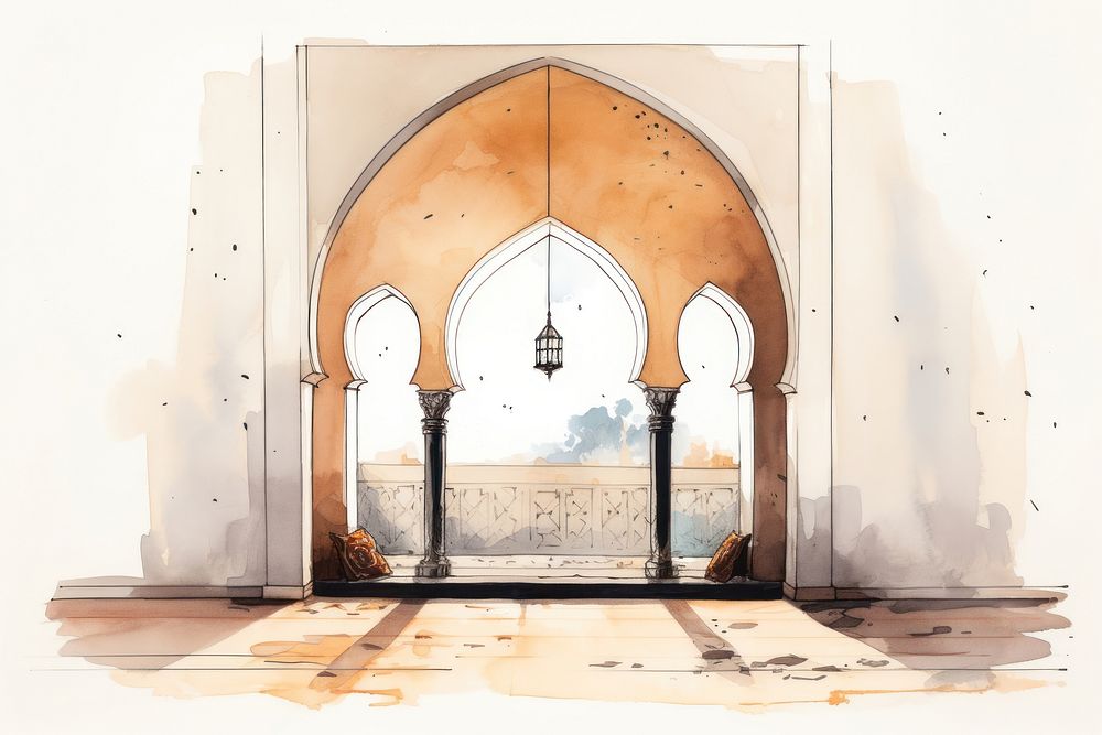 Mosque window arch architecture cartoon sketch. AI generated Image by rawpixel.