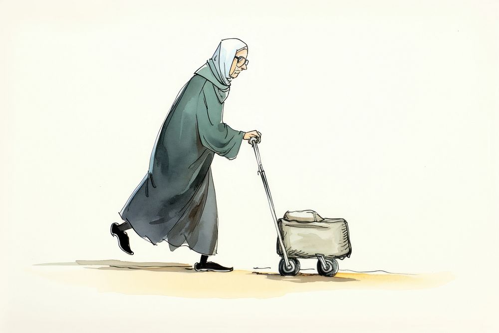 Muslim grandma preying cartoon walking sketch. AI generated Image by rawpixel.