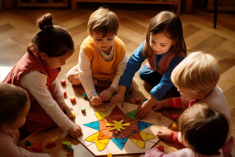 Children playing with a wooden game child togetherness kindergarten. AI generated Image by rawpixel.