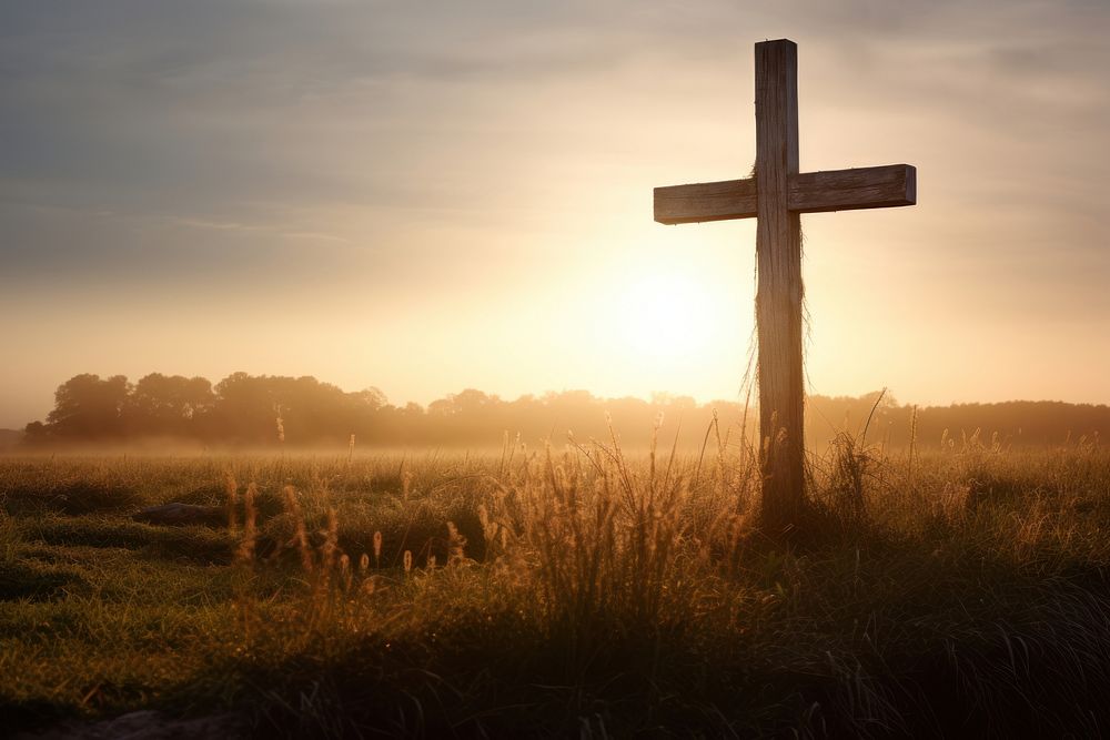 Cross in a field cross outdoors cemetery. 