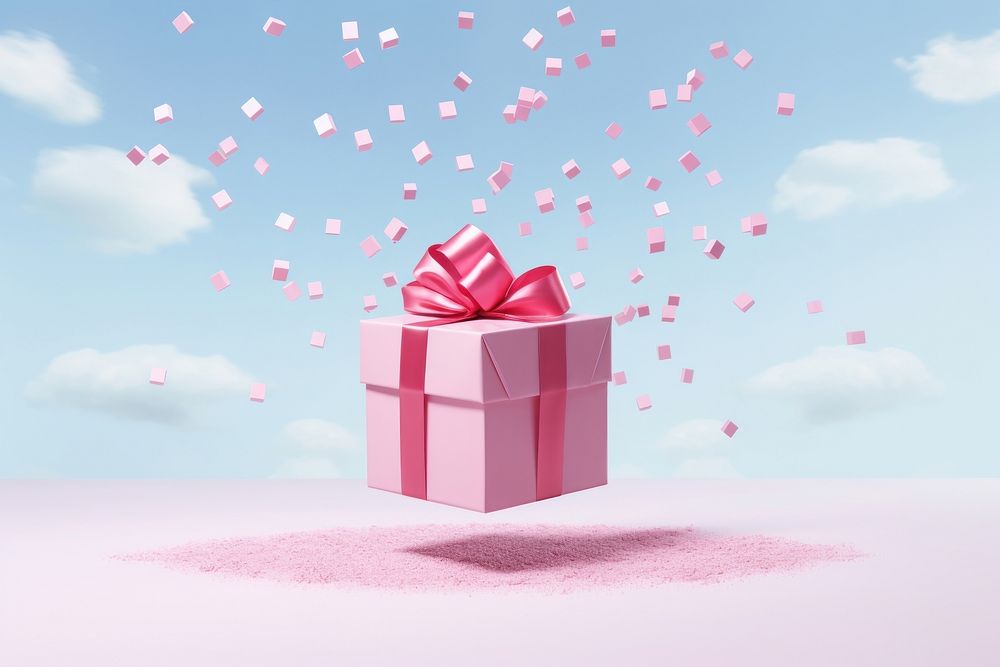 Flying huge pink gift box celebration anniversary decoration. AI generated Image by rawpixel.