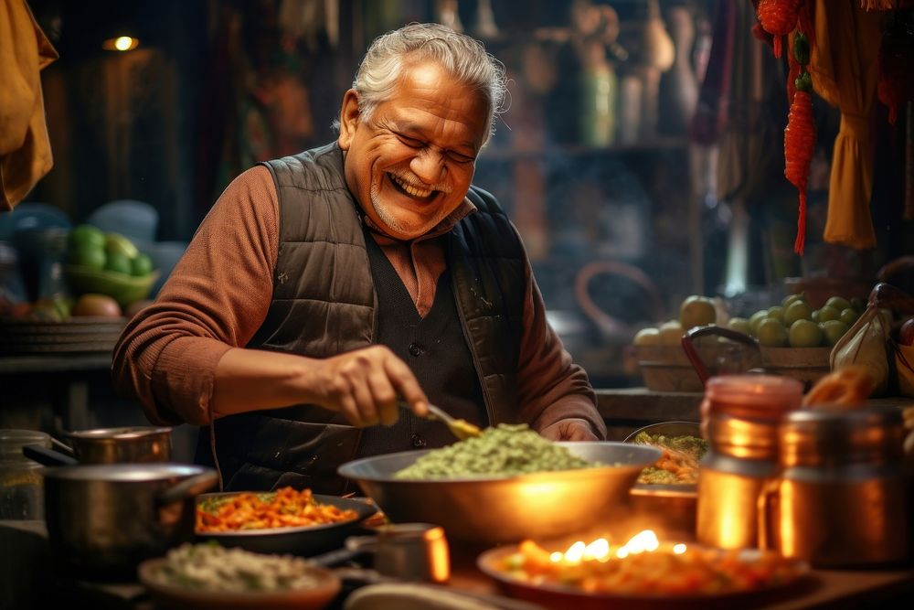 Nepalese elderly cooking south asian food adult men. AI generated Image by rawpixel.