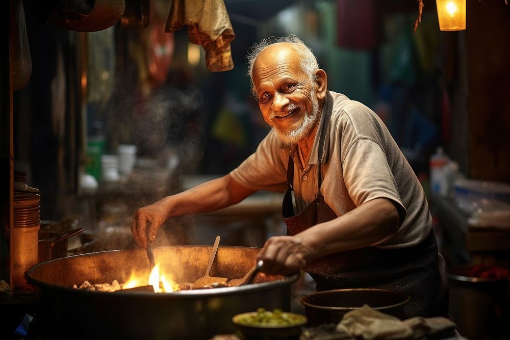 Nepalese elderly cooking south asian adult food men. AI generated Image by rawpixel.