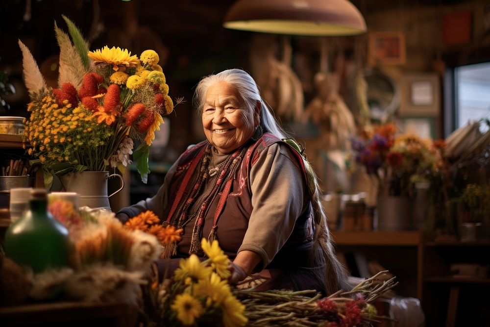 Senior native american woman flower adult smile. AI generated Image by rawpixel.