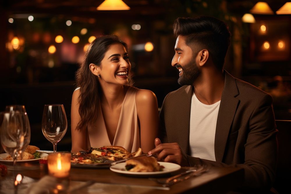 South Asian couple restaurant romantic smiling. AI generated Image by rawpixel.