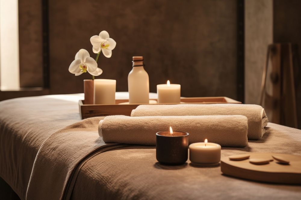 Spa amenities furniture candle room. AI generated Image by rawpixel.