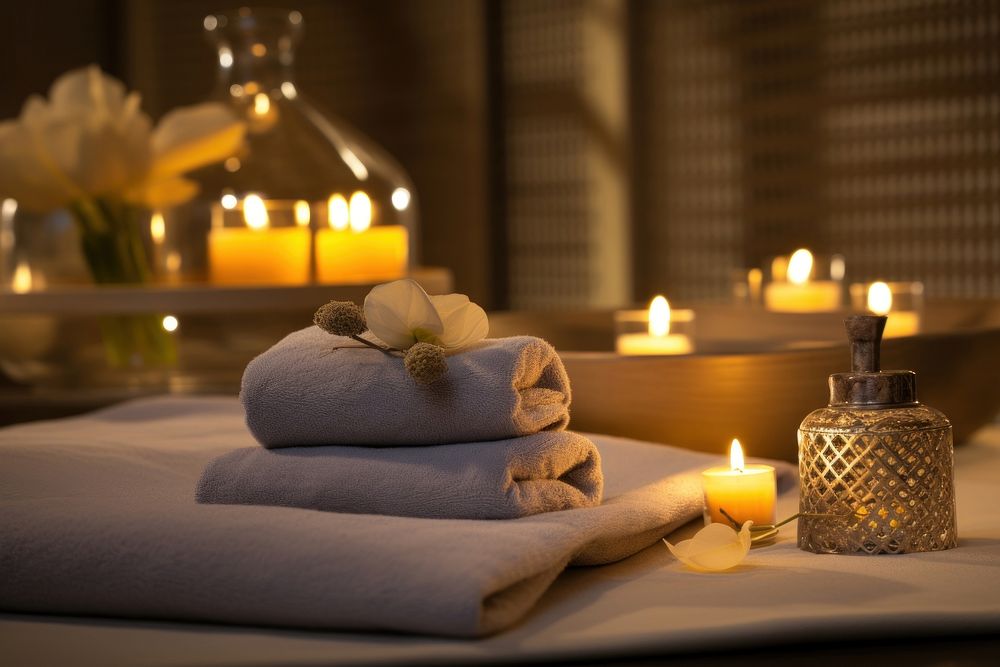 Spa amenities candle towel room. AI generated Image by rawpixel.