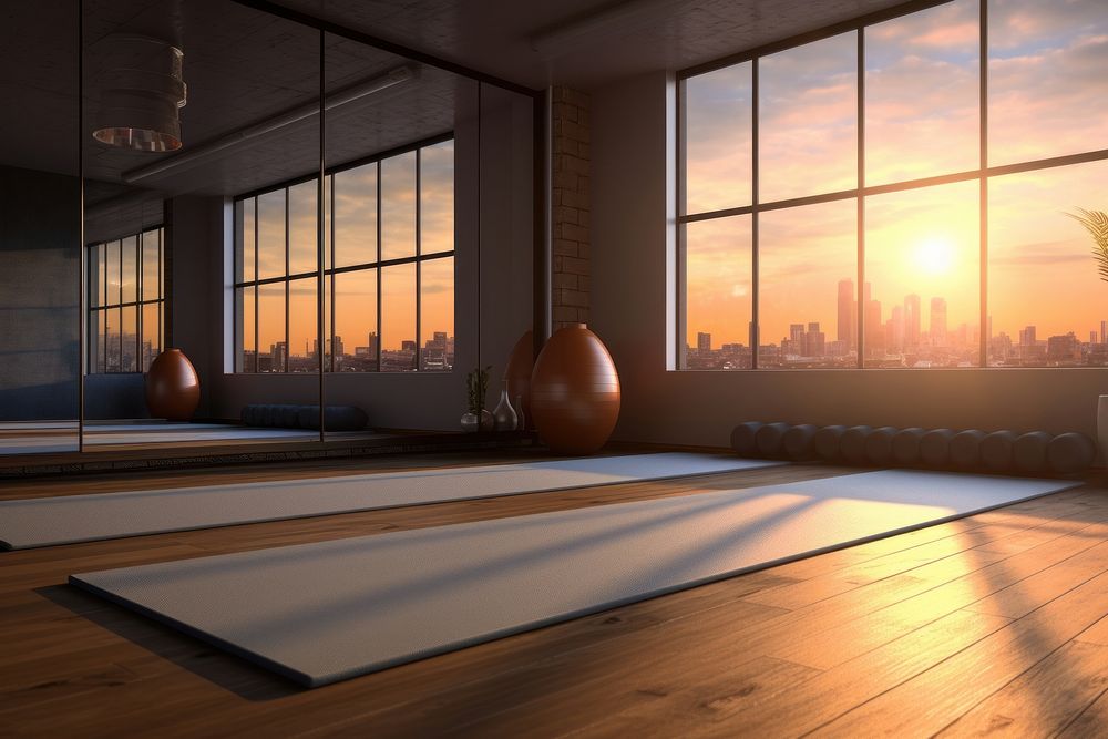 Yoga studio room furniture flooring indoors. AI generated Image by rawpixel.