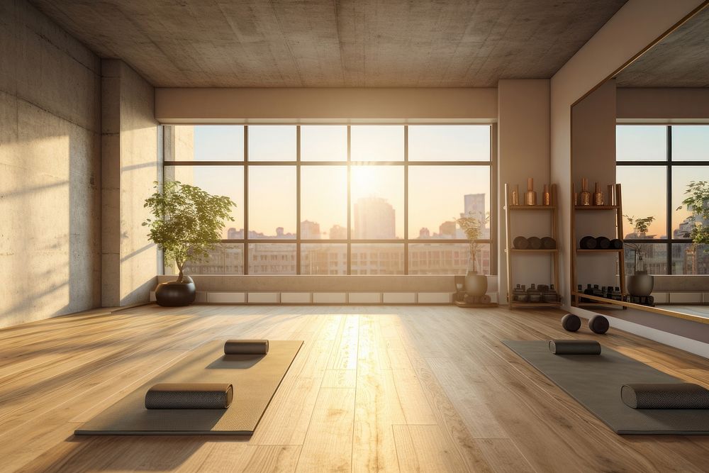 Yoga studio room architecture building flooring. AI generated Image by rawpixel.