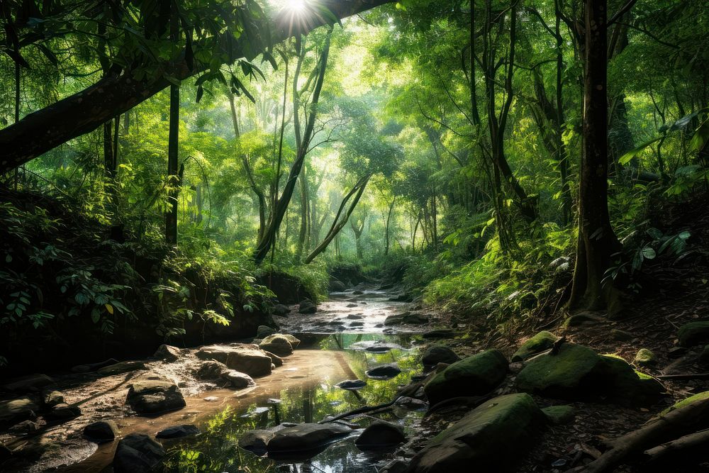 Tropical green forest landscape vegetation outdoors. AI generated Image by rawpixel.