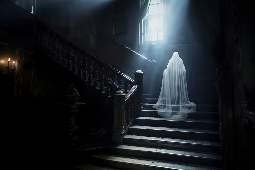 A ghost standing on the stair in the black old mansion and have a light shine to a ghost architecture staircase building. AI…