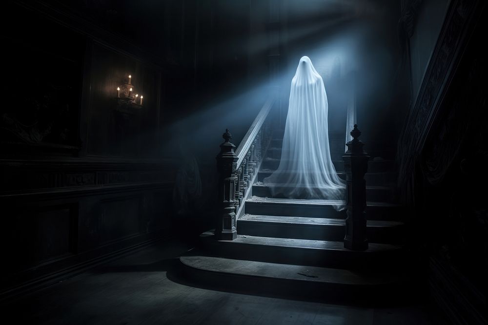 A ghost standing on the stair in the black old mansion and have a light shine to a ghost architecture staircase building. AI…