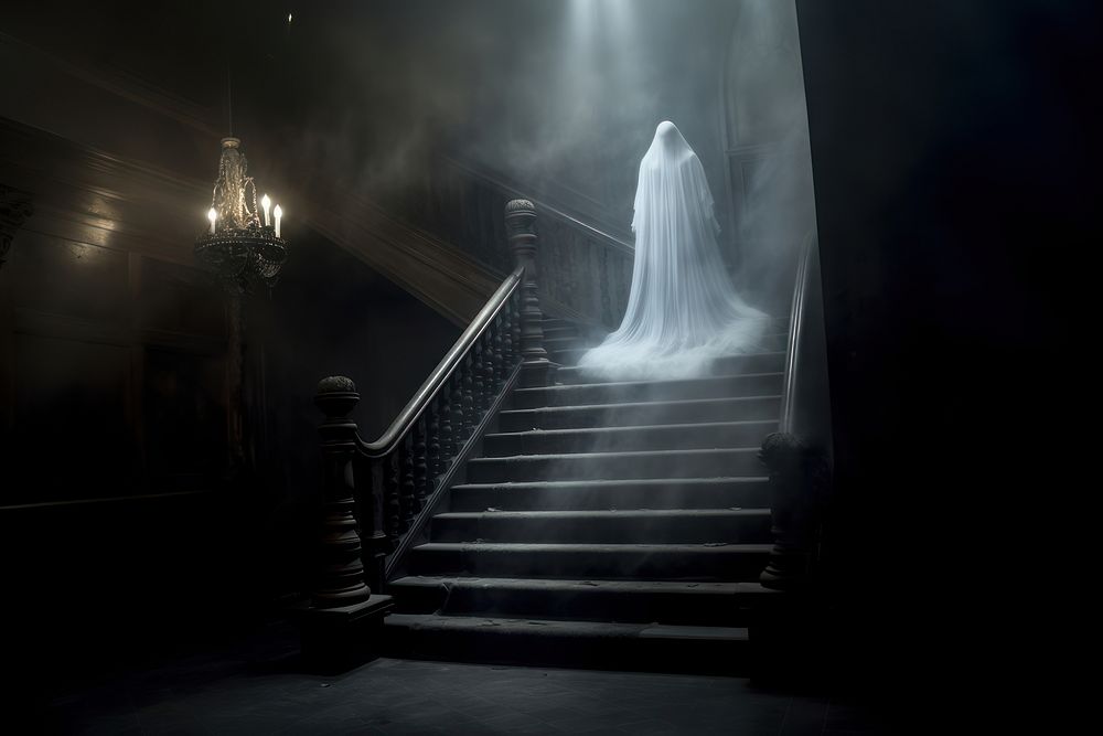 A ghost standing on the stair in the black old mansion and have a light shine to a ghost architecture staircase building. AI…