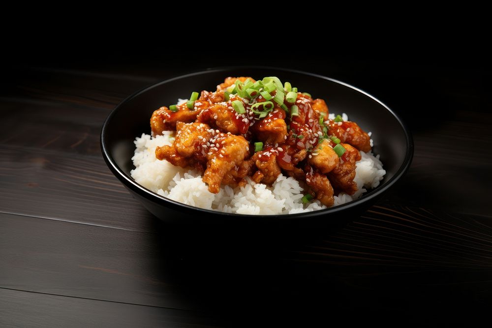A korean fries chicken on top of the rice in the black bowl on the black wood table food meat vegetable. AI generated Image…
