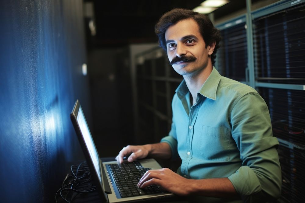 A man with moustache wearing blue shirt carry a laptop as a software engineer computer adult concentration. AI generated…