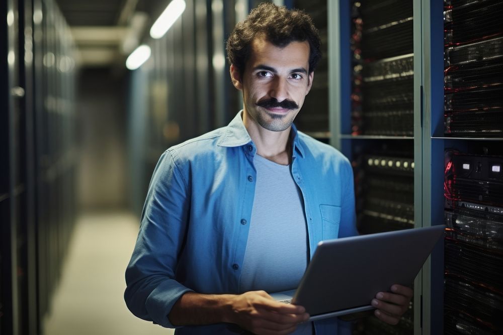 A man with moustache wearing blue shirt carry a laptop as a software engineer computer adult electronics. AI generated Image…