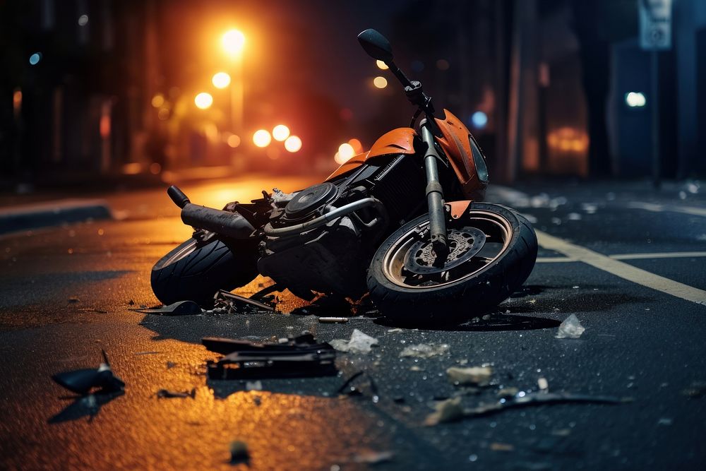 A orange motorcycle crash and lay side down on the street road vehicle wheel. AI generated Image by rawpixel.