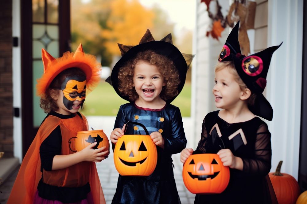 Three kids wearing full halloween costume asking for trick or treat candy from a pumpkin bowl that a woman carry decoration…