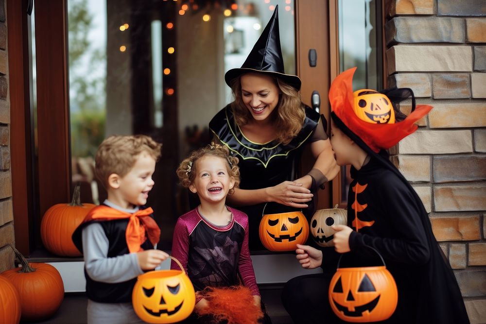Three kids wearing full halloween costume asking for trick or treat candy from a pumpkin bowl that a woman carry adult…