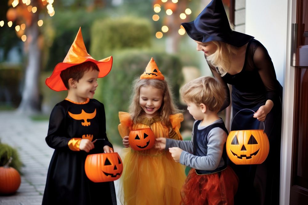 Three kids wearing full halloween costume asking for trick or treat candy from a pumpkin bowl that a woman carry adult…