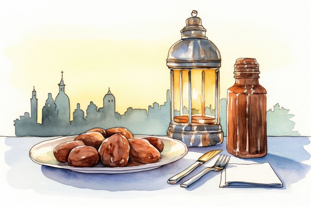 Ramadan dates bottle plate food. AI generated Image by rawpixel.