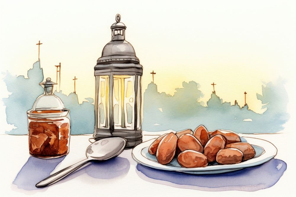 Ramadan dates cartoon plate food. AI generated Image by rawpixel.