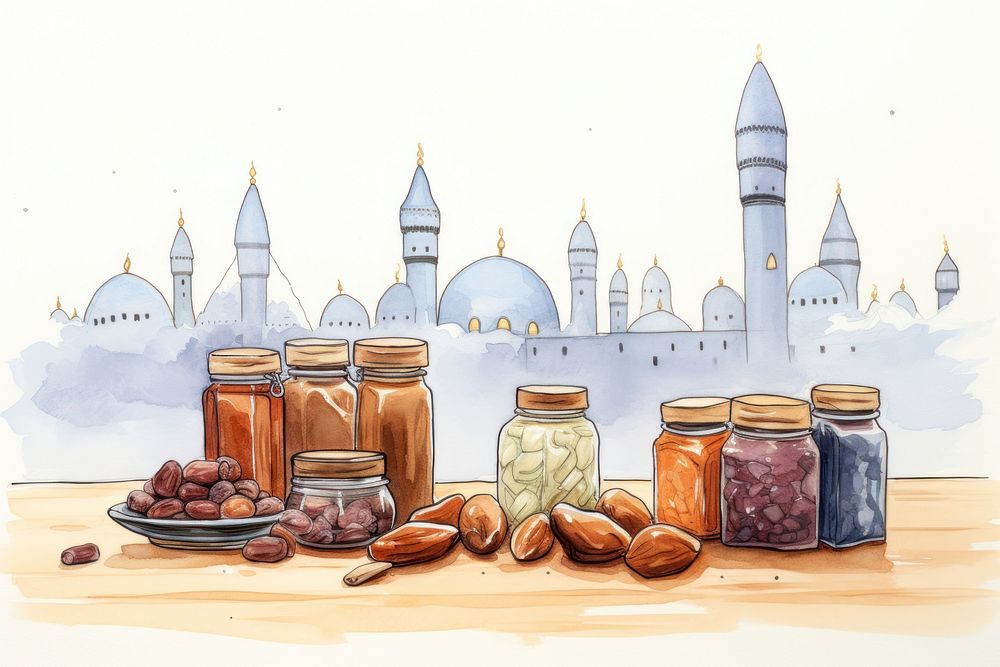 Ramadan dates cartoon city jar. AI generated Image by rawpixel.