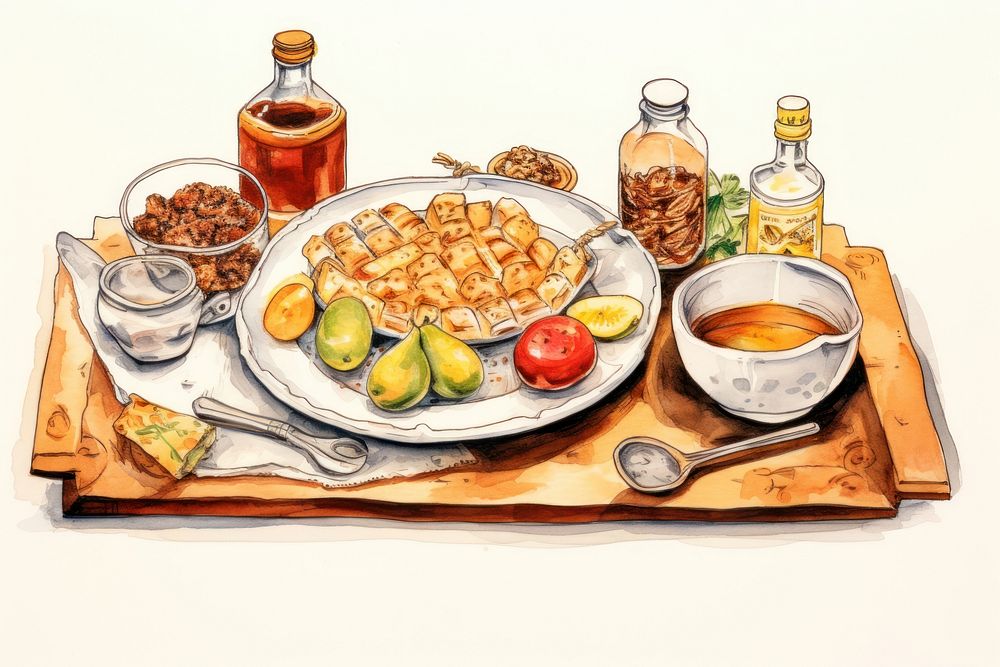 Ramadan food sketch plate refreshment. AI generated Image by rawpixel.