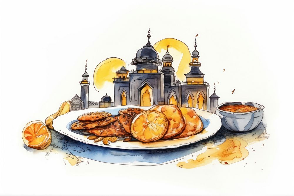 Ramadan food cartoon sketch bread. AI generated Image by rawpixel.