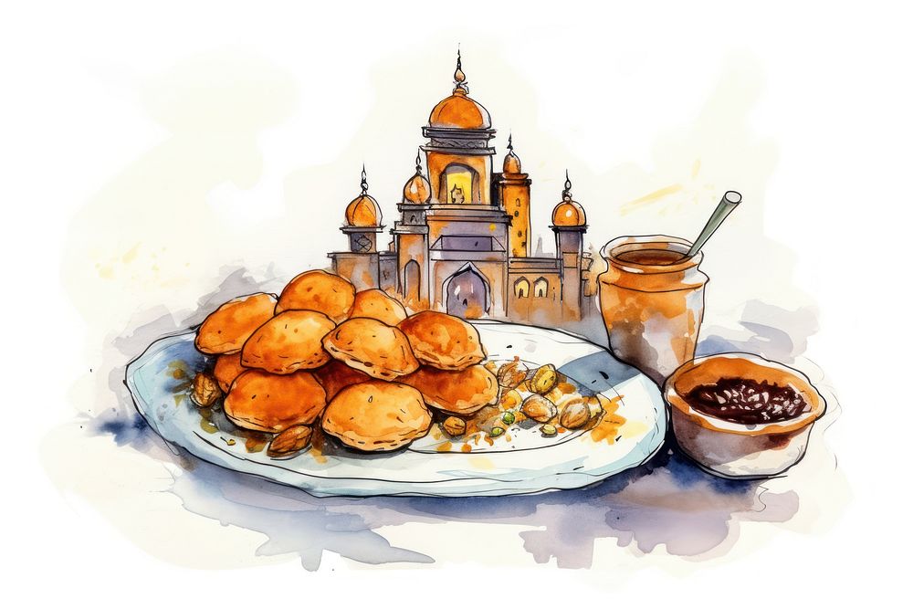 Ramadan food cartoon sketch plate. AI generated Image by rawpixel.