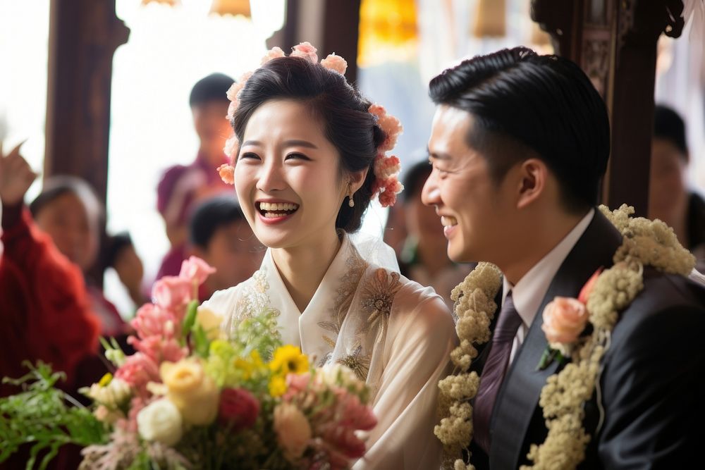 Taiwanese couple wedding ceremony flower. AI generated Image by rawpixel.