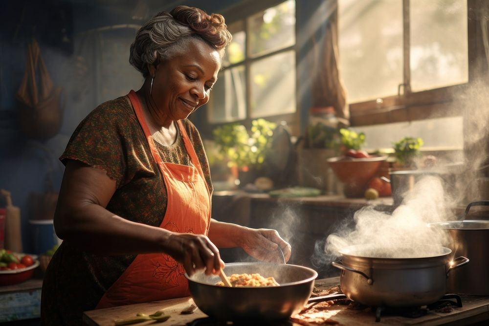 African descent columbian grandmother cooking food kitchen. 