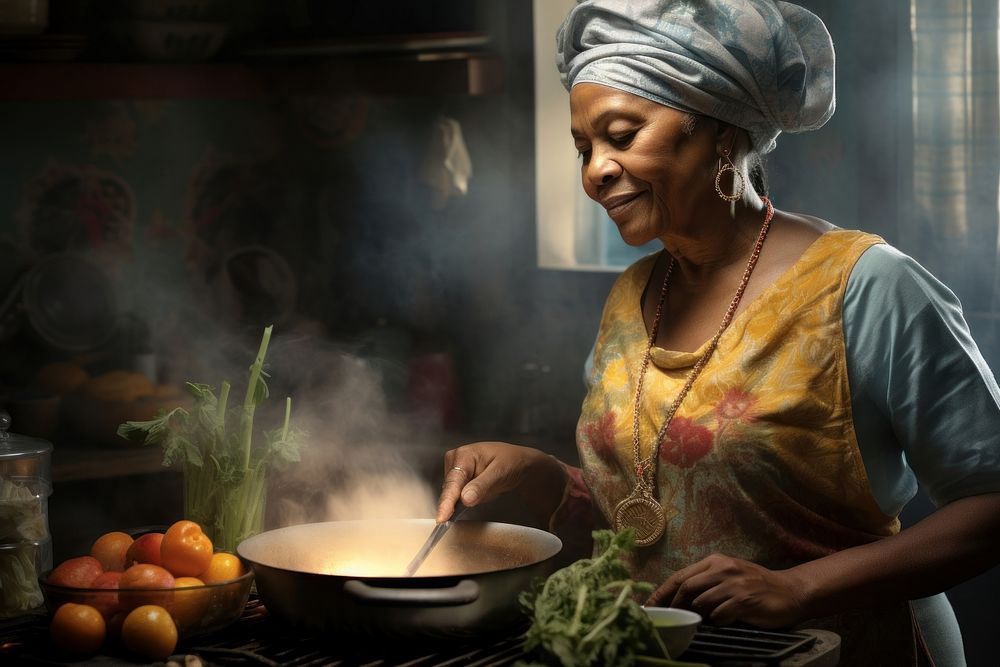 African descent columbian grandmother cooking food kitchen. AI generated Image by rawpixel.