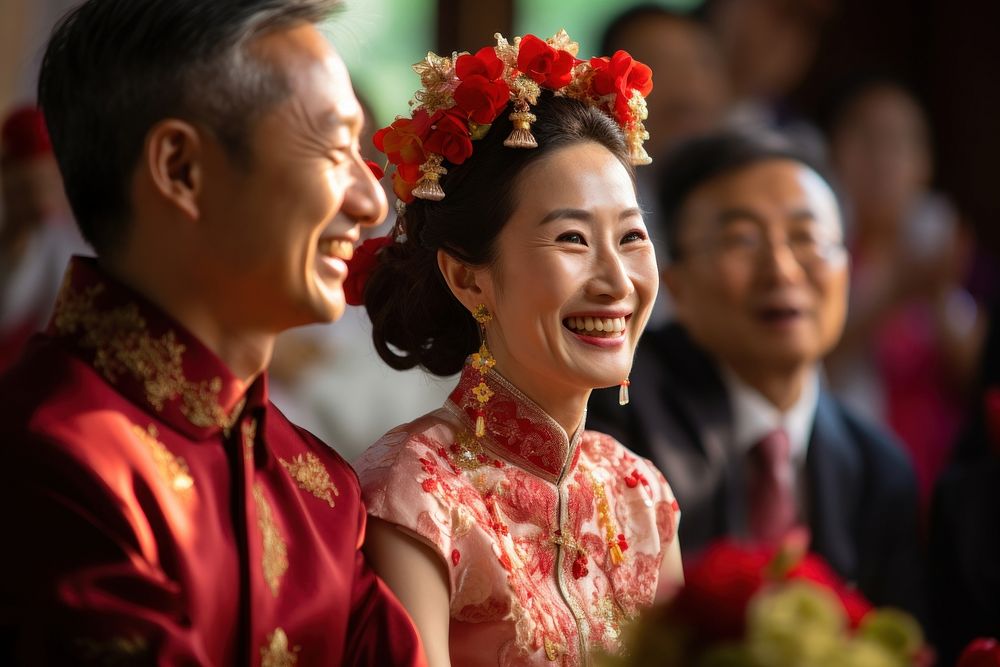 Chinese couple wedding ceremony laughing. AI generated Image by rawpixel.