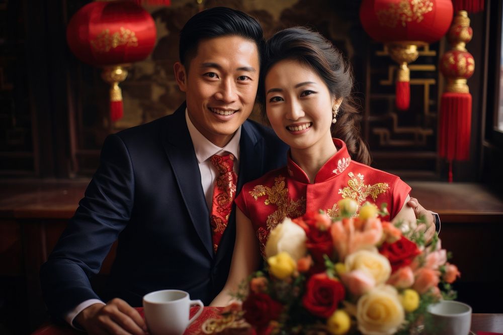 Chinese couple wedding ceremony flower. AI generated Image by rawpixel.