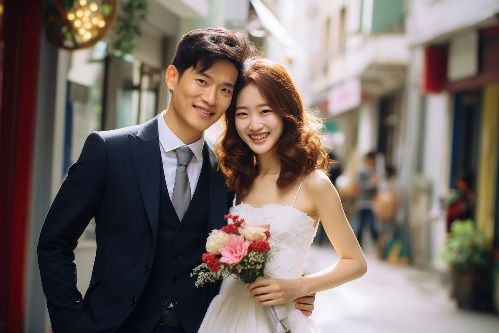 Hong Konger couple in wedding fashion adult bride. AI generated Image by rawpixel.