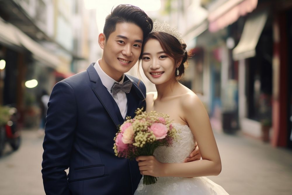 Hong Konger couple in wedding portrait fashion street. AI generated Image by rawpixel.
