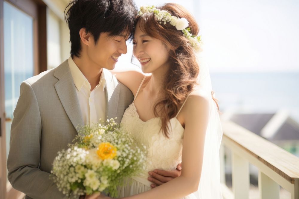 Japanese couple in wedding portrait fashion flower. AI generated Image by rawpixel.