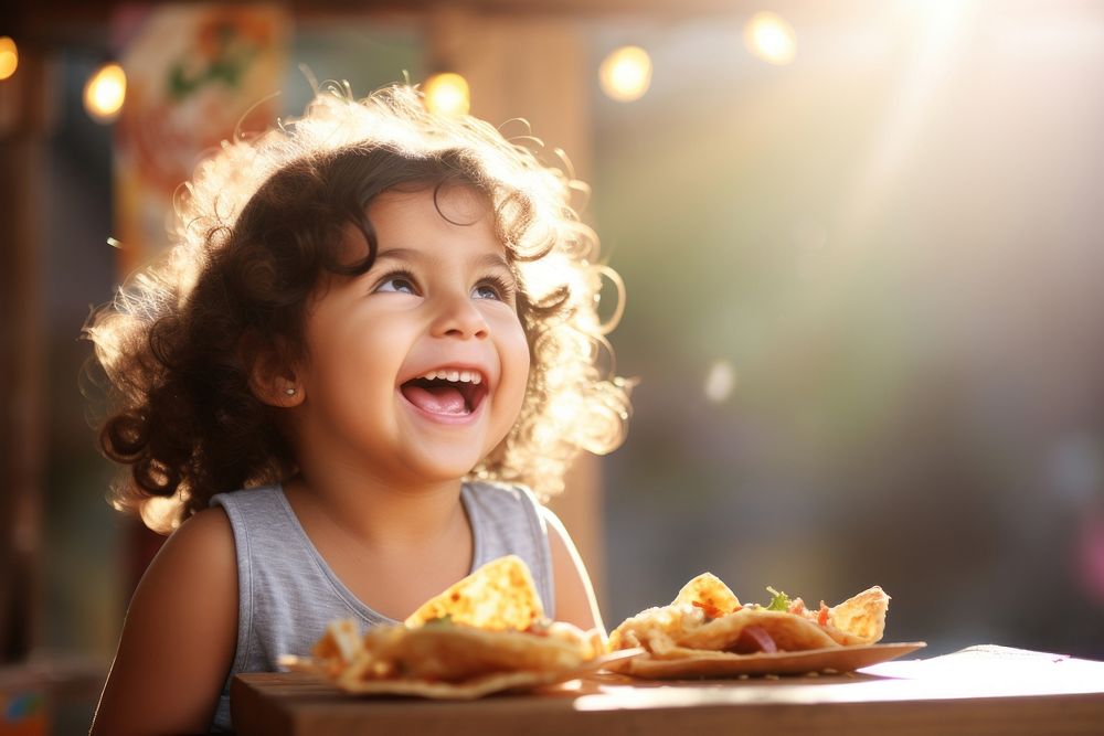 Latina child exciting food portrait eating. AI generated Image by rawpixel.