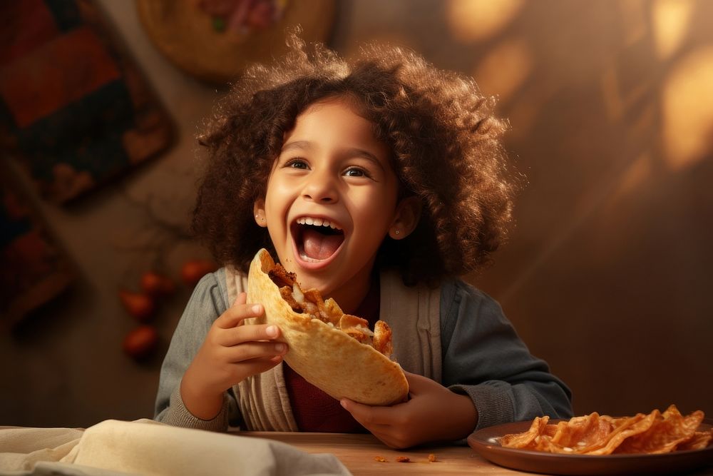 Latina child exciting food eating celebration. AI generated Image by rawpixel.